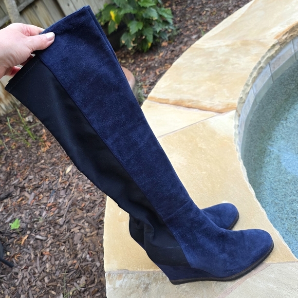 Nwot Stuart Weitzman  Blue and Black  Suede Wedge Knee-High Boots 9M - Picture 2 of 15